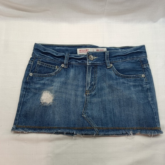 Mossimo Denim Dresses & Skirts - 90s Y2K Mossimo Demin Mini Skirt Women's 7 Low Rise Distressed Embroidered Vtg